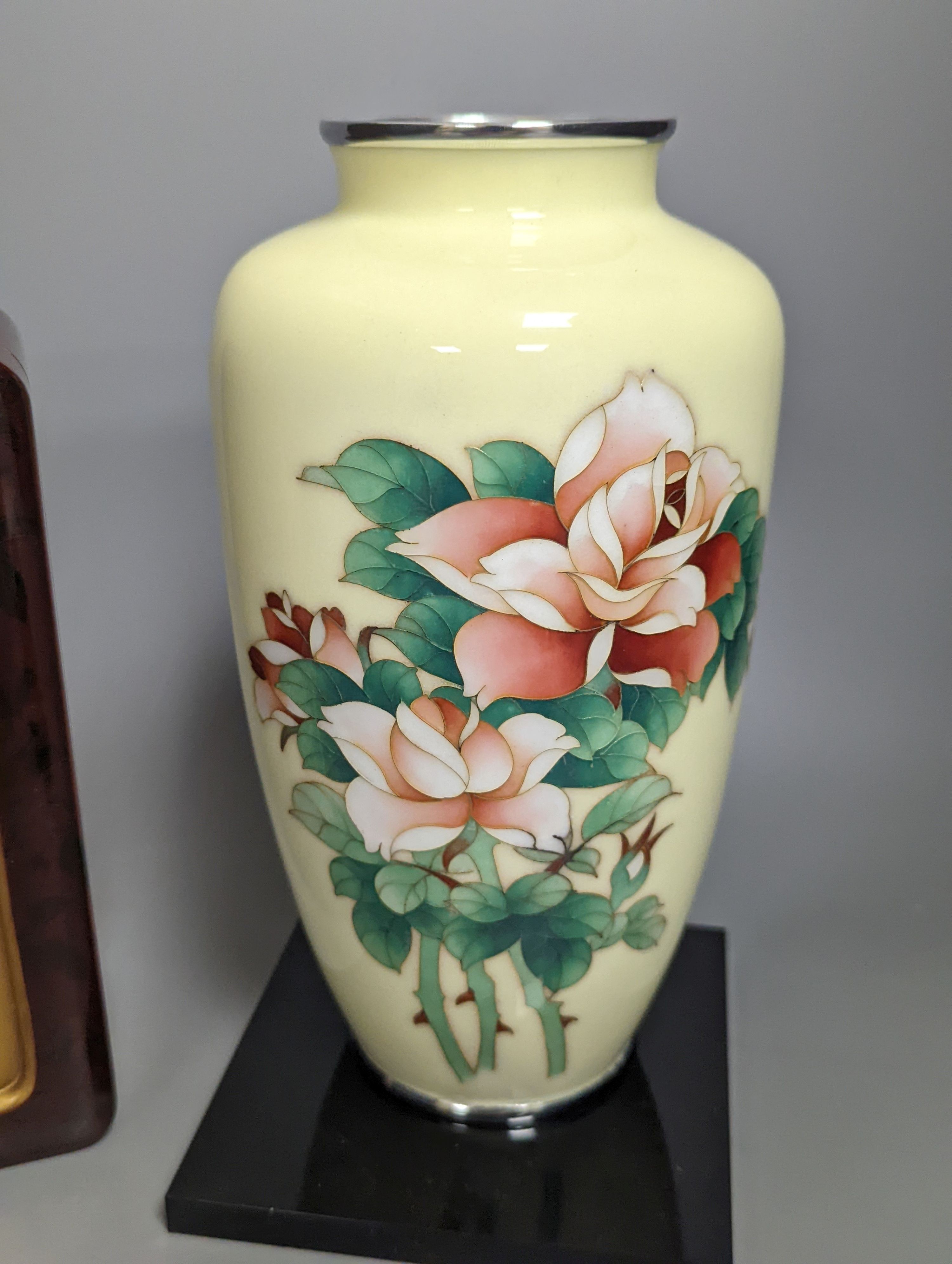 A Japanese cloisonné enamel ovoid vase, by Ando, height 21cm, a small Satsuma pot (lacking cover), and a Japanese lacquered box, the cover inlaid with ivory and mother of pearl